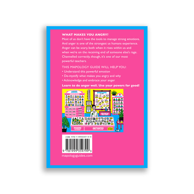 Back cover of The Anger Apothecary Map showing description and benefits of managing anger with a thumbnail of the inside map.