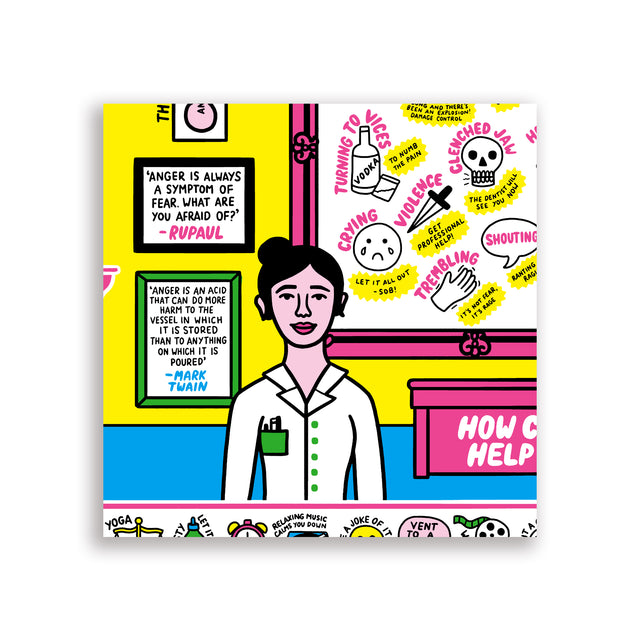 Close-up of illustrated pharmacist figure surrounded by anger symptoms and motivational quotes