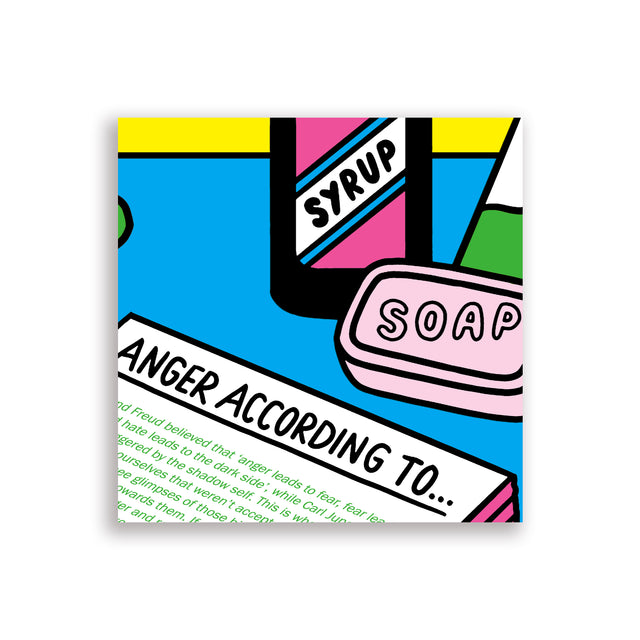 Detail from The Anger Apothecary showing illustrated bottles labelled syrup and soap