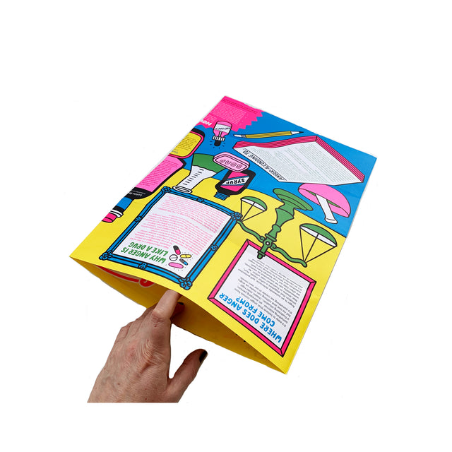 A hand holding The Anger Apothecary Map partially folded showing colourful illustrations