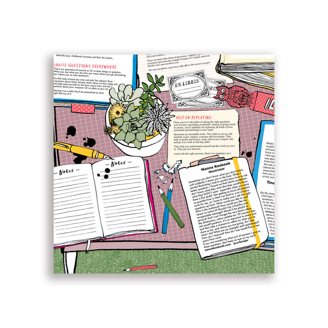 Flat lay of Are You Looking for Answers map showing notes, pencils and plants on a desk illustration