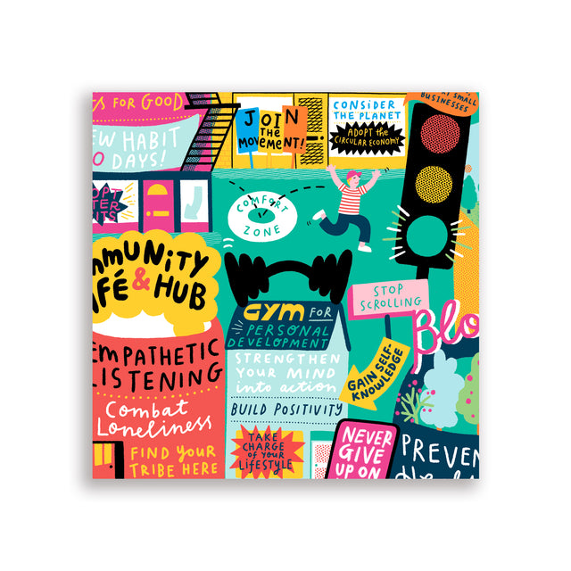 Close-up of “Choose a Brighter Tomorrow” map highlighting playful illustrations of shops, street signs and messages about self-development and personal growth.