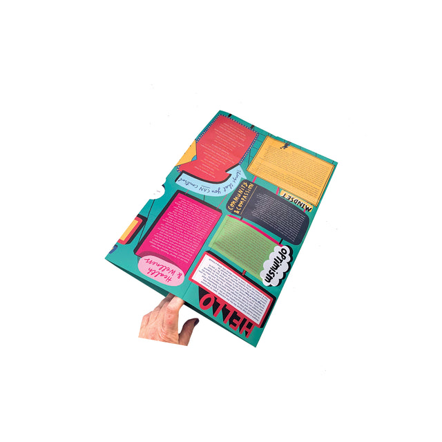 Photo of a hand holding open the folded Mapology Guide “How to Choose a Brighter Tomorrow,” showing colourful text panels about mindset, optimism, and wellbeing.