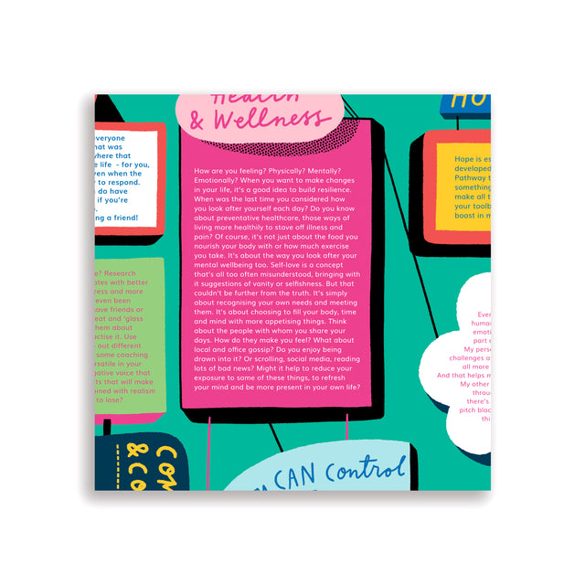 Close-up of the Health & Wellness section from “Choose a Brighter Tomorrow,” featuring pink and yellow panels discussing self-care and emotional wellbeing.