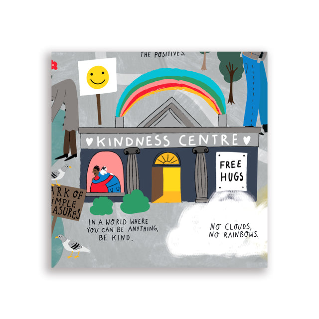 Close-up section of the City of Gratitude map featuring the “Kindness Centre” building with a rainbow, “Free Hugs” sign and the phrase “In a world where you can be anything, be kind.”