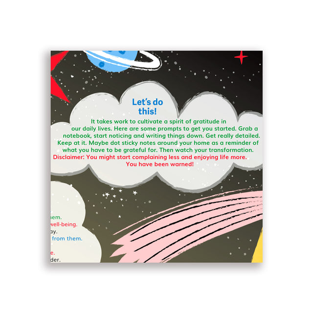 Detailed close-up from inside the map showing the cloud-shaped section with the heading “Let’s do this!” and colourful illustrations encouraging readers to practise gratitude daily.