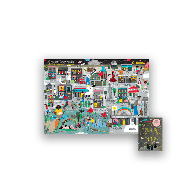 Full illustrated map titled “City of Gratitude – Make the Ordinary Extraordinary,” showing people performing acts of kindness, sharing, and connecting within a colourful, community-filled scene.