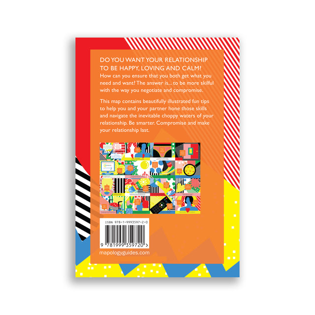 Back cover with coloured patterns and a thumbnail of the open map