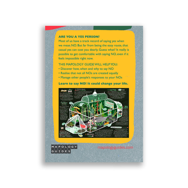 Back cover of How To Grow Your No with summary text about learning to say no and a greenhouse illustration