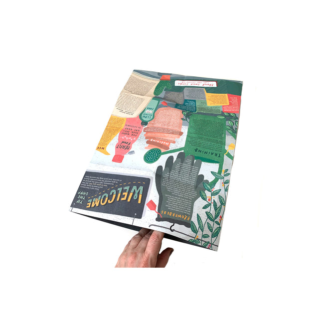 Hand holding unfolded Mapology Guide How To Grow Your No showing illustrated garden details