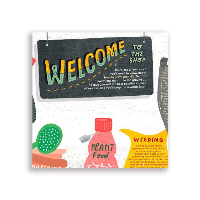 Illustration of welcome sign and plant tools introducing the How To Grow Your No map