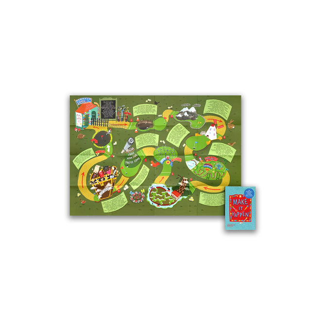 Inside of Make It Happen map showing coloured illustrated journey of mini golf and motivational text. A lot of green.