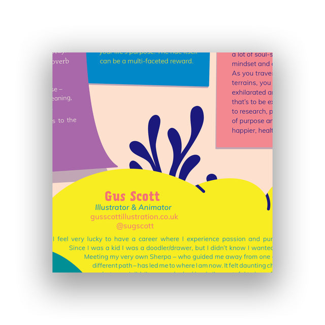 Close-up of the illustrator credit on the Mapology Guide “The Expedition Towards a Meaningful Life,” highlighting Gus Scott, Illustrator & Animator, with his contact details on a bright yellow background.