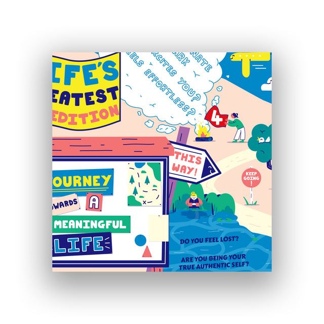 Close-up section of “The Expedition Towards a Meaningful Life” map showing signposts reading “Journey Towards a Meaningful Life” and “This Way,” with playful illustrations and questions like “Do you feel lost?” and “Are you being your true authentic self?”
