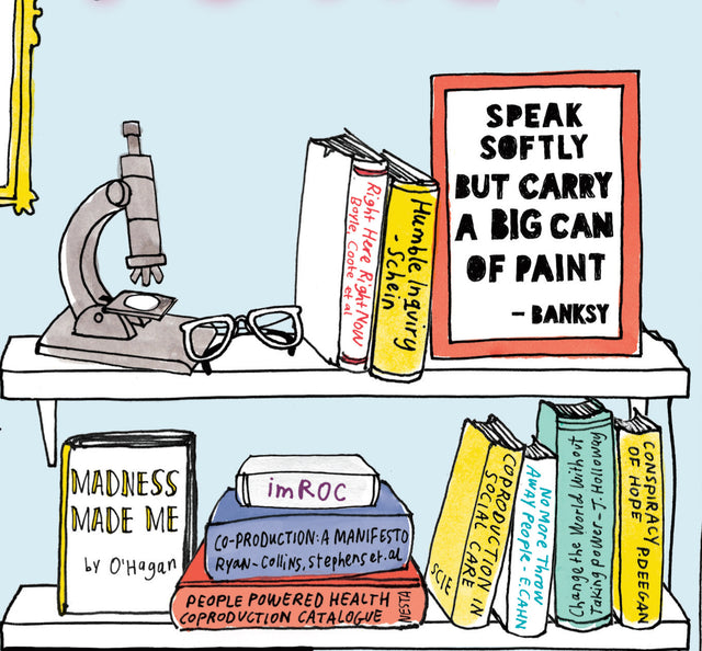 An illustrated bookshelf with books, a microscope, a pair of reading glasses and a framed quotation from Banksy