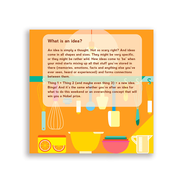 Page explaining what an idea is, using colourful bowls and kitchen tools illustration