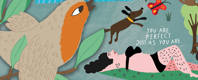 Illustration of a bird, dog, butterfly, woman sunbathing