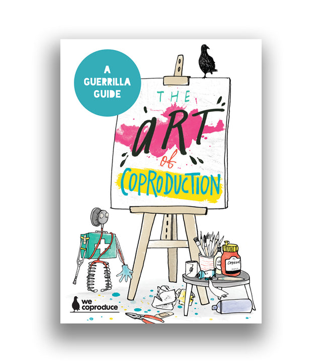 An illustrated art ease with a black bird sitting on top of it. A table with art materials and a robot made out of medical supplies