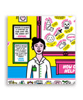 Close-up of illustrated pharmacist figure surrounded by anger symptoms and motivational quotes