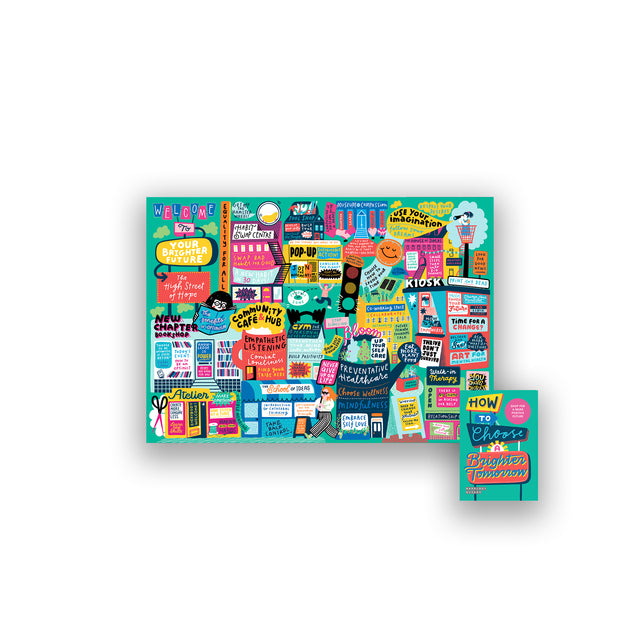 Full illustrated map from “How to Choose a Brighter Tomorrow,” showing a colourful high street of positivity with shops and signs about optimism, wellbeing, and community.