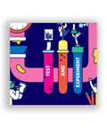Close-up section of “Creative Thinking in the Workplace” map showing three colourful test tubes labelled “Test,” “And,” “Experiment,” symbolising creative experimentation.