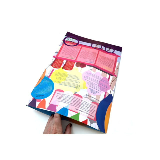 Folded view of the Overthinking map showing colourful text sections and design layout.