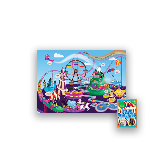 Colourful illustrated map showing a funfair theme symbolising overthinking, with rollercoaster, carousel, and ferris wheel.
