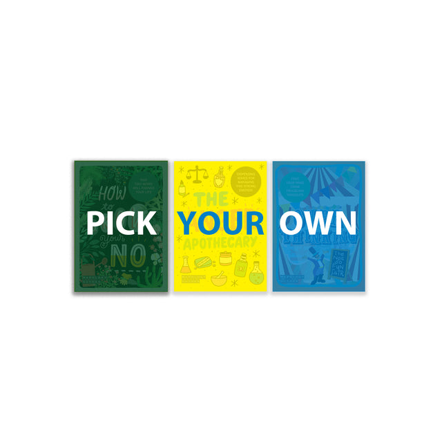 Three guidebooks with colourful covers under the title 'Pick Your Own'. All related to personal development, mental health and well-being and placed against a white background.