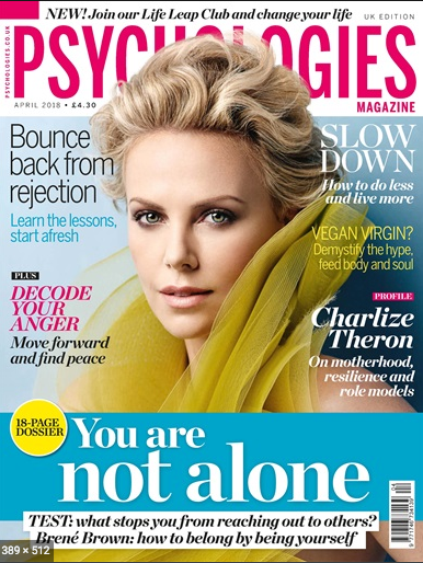 Charlize Theron on the front cover of an Psychologies magazine issue.