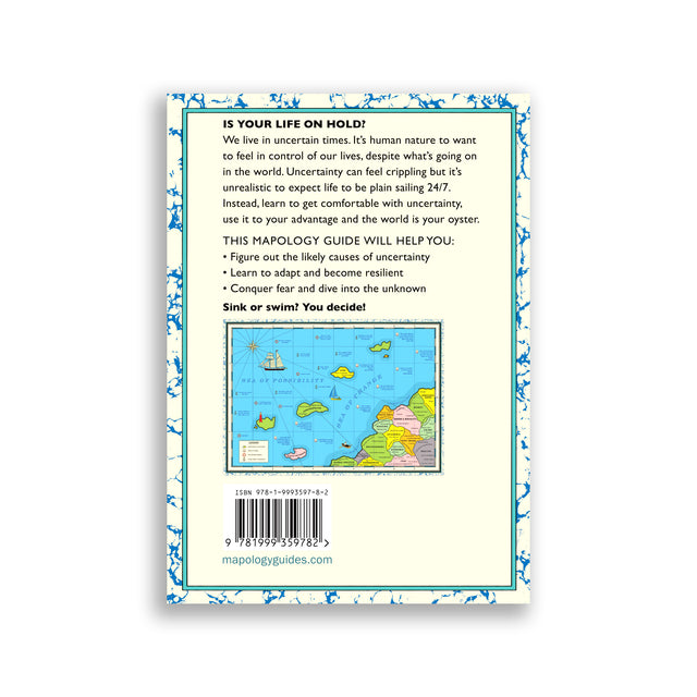 Back cover of The Sea of Uncertainty Mapology Guide showing description, ISBN, and mini map preview