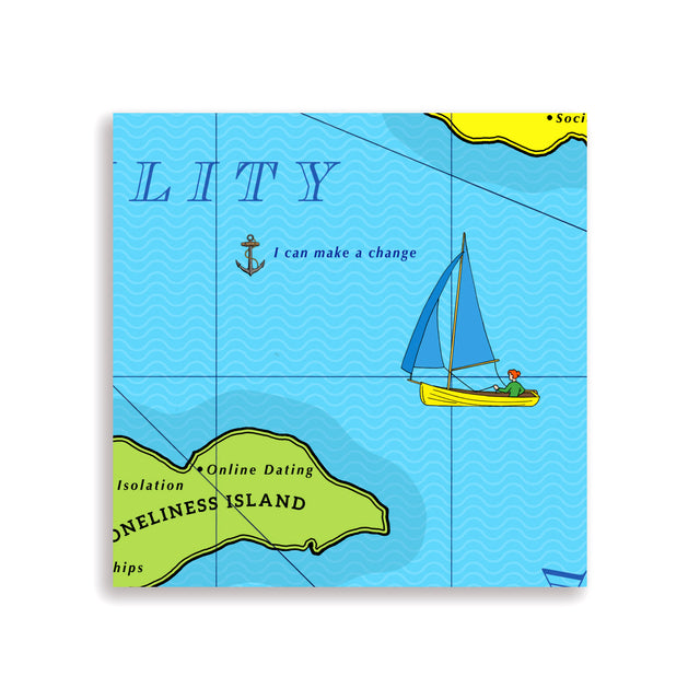 Close-up of a small yellow sailboat on the Sea of Possibility with text reading “I can make a change”