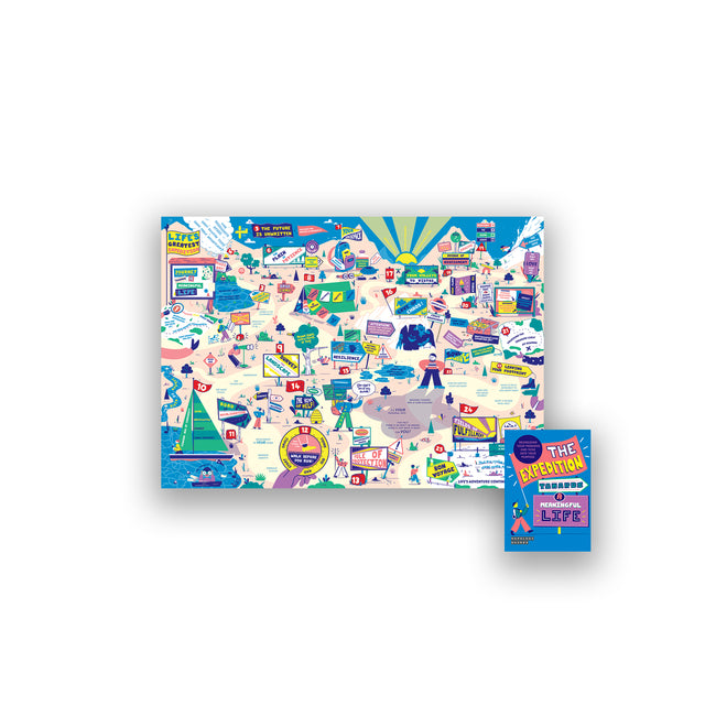 Full illustrated map from Mapology Guide “The Expedition Towards a Meaningful Life,” showing a vibrant, detailed landscape filled with signposts, pathways, and characters representing different stages of finding purpose and meaning in life.