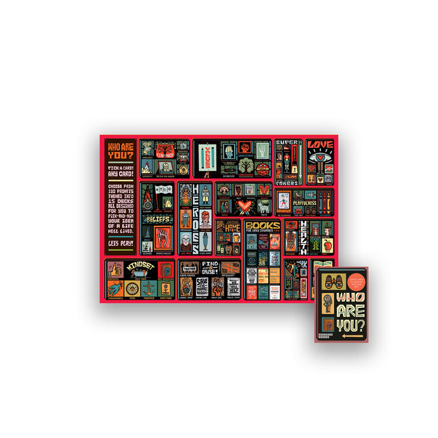 Full illustrated map from Mapology Guide “Who Are You?” showing a colourful grid of 100 prompts themed into 15 decks exploring curiosity, values, creativity, and identity.