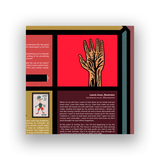 Close-up of the illustrator credit section on the “Who Are You?” map showing an illustrated hand growing into a tree beside Laurie Avon’s bio and reflections.