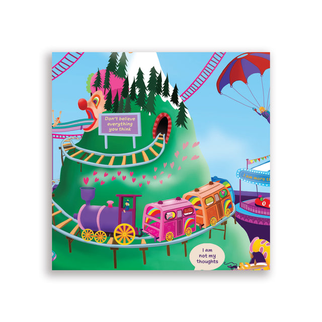 Section of map showing a clown mountain with sign “Don’t believe everything you think” and rainbow train.
