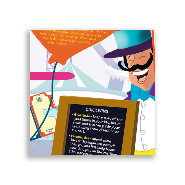 Close-up of ringmaster holding a blackboard listing gratitude and perspective as quick wins for reducing overthinking.