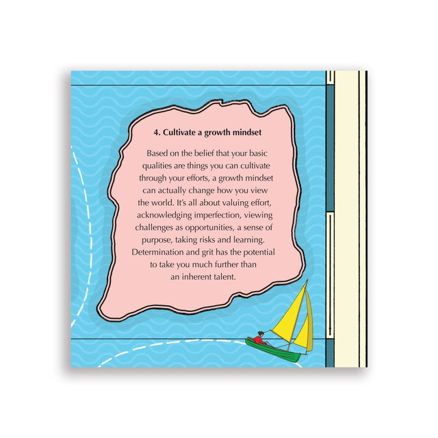 Section from The Sea of Uncertainty map titled “Cultivate a growth mindset” with pink dialogue bubble and sailing illustration